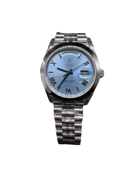 Day-Date 228206 EW Factory – 40mm Steel Case, Ice Blue Roman Dial, 3255 Automatic, President Bracelet