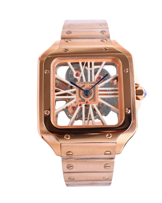 Cartier Santos Full Rose Gold Skeleton Dial Watch – Quartz Movement, Luxury Timepiece